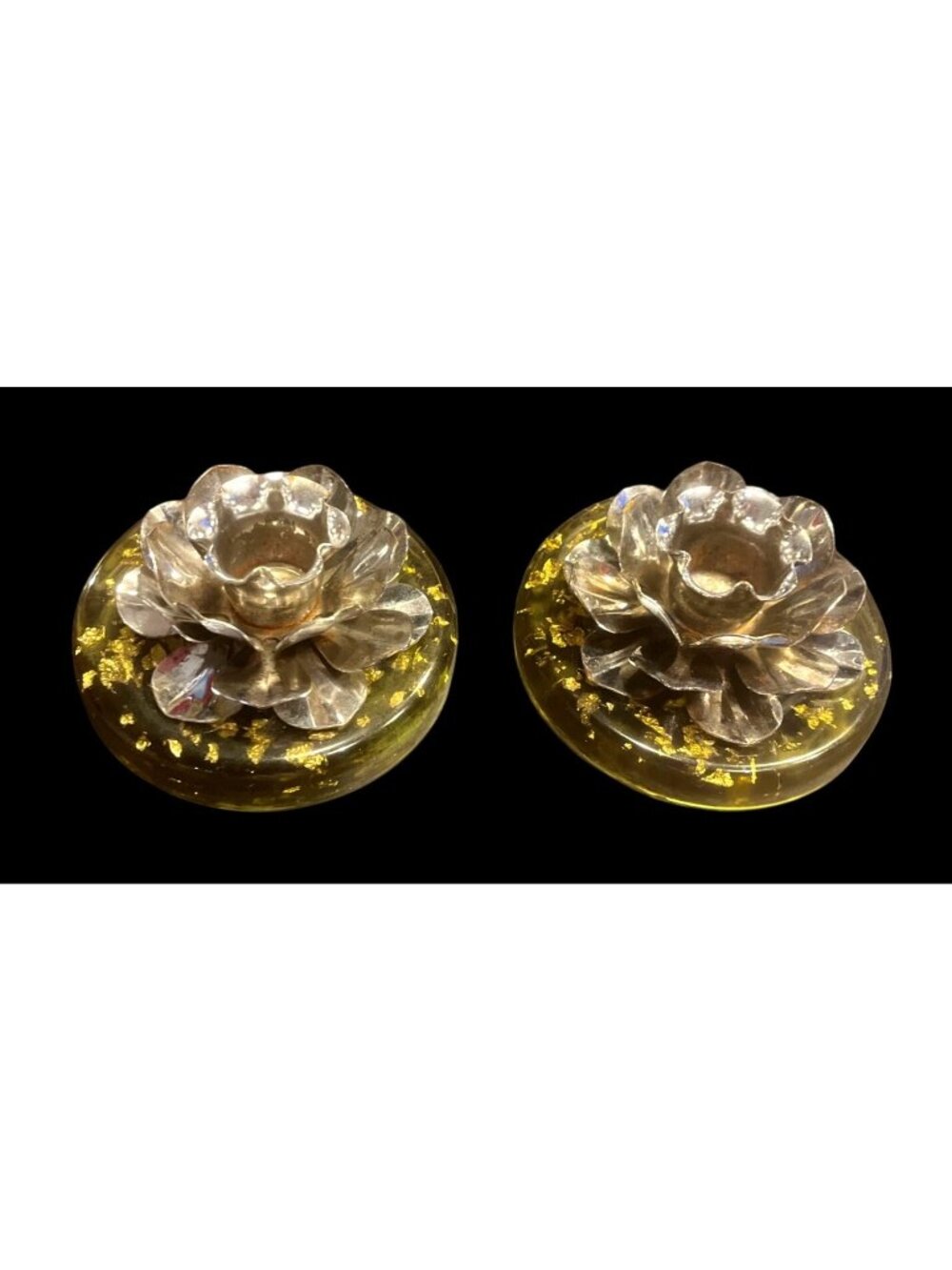 Vtg MCM '70s Candle Holders Set Of 2 Green Lucite Base Silver Flower Top